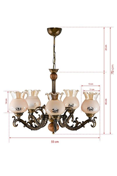 DEDE BEŞ KOLLU AHŞAPLI ESKİTME ELBE ZAMAK AVİZE BAL RENGİ CAMLI