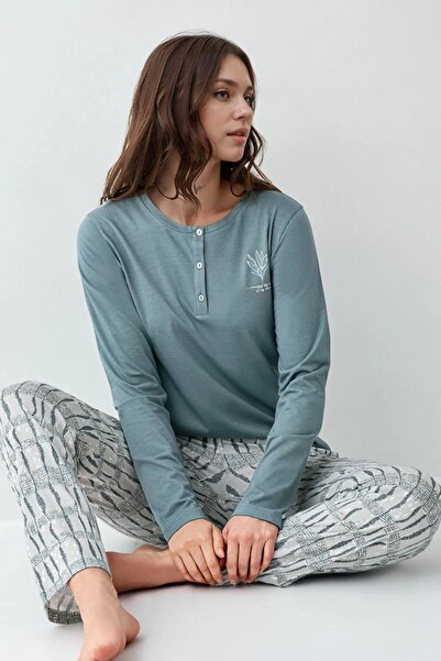 Loule Îmbrăcăminte pentru femei 100% bumbac Set de pijamale verzi cu mâneci l...