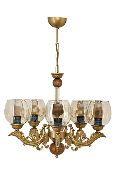 DEDE BEŞ KOLLU AHŞAPLI ESKİTME SAVA ZAMAK AVİZE BAL RENGİ CAMLI