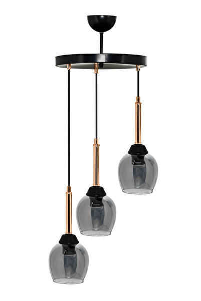 DEDE ÜÇLÜ MANDARİN SARKIT AVİZE FÜME CAMLI BAKIR BORULU