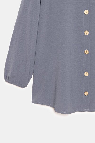 Saade Anthracite Women's Shirt Collar Wooden Buttoned Collage Elastic Aerobin Woven Tunic - Regular Fit