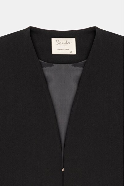 Saade Black Women's V-Neck Agraf Closure Comfortable Cut Pocketed Woven Long Vest