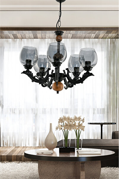 DEDE BEŞ KOLLU AHŞAPLI SİYAH SAVA ZAMAK AVİZE FÜME CAMLI