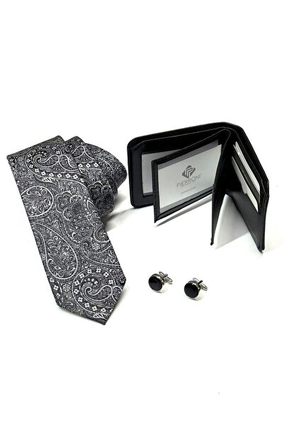 PİERRONİ Gray Black Shawl Pattern Tie Cufflink Wallet Set with Special Wooden Box