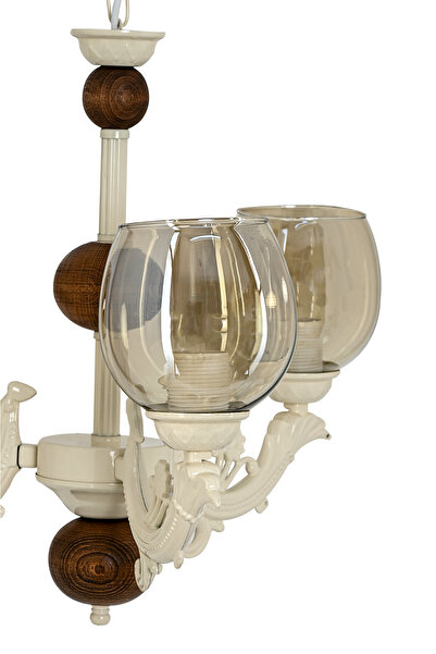 DEDE ÜÇ KOLLU AHŞAPLI KREM RENGİ SAVA ZAMAK AVİZE BAL RENGİ CAMLI