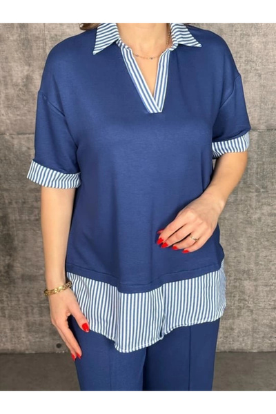 Genel Markalar Kadın Modal Kumaş çizgili Gömlek Yaka Ikili Takım