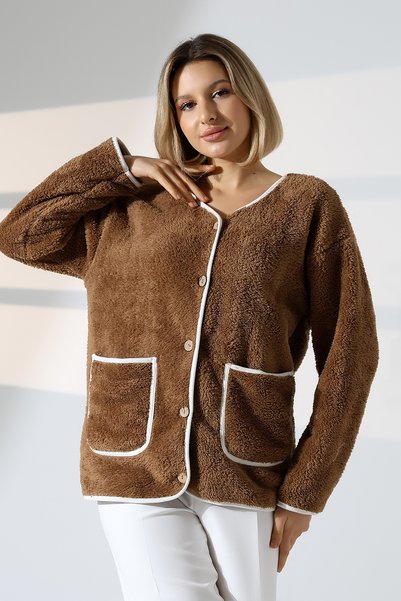 DİVİSTA Women's Brown Long Sleeve Plush Cardigan
