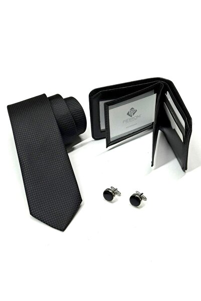 PİERRONİ Black Patterned Tie Cufflink Wallet Set with Special Wooden Box