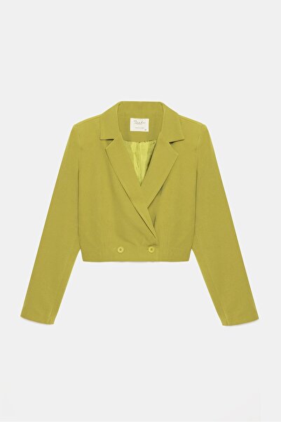 Saade Yağ Yeşili Kadın Regular Fit Kruvaze Kapama Dokuma Crop Blazer Ceket -Ş...