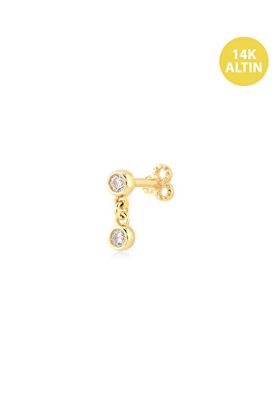 KURSHUNI Parıltı 2mm Simit Sallantılı, 14 Ayar Altın Kıkırdak Küpe/Piercing (...