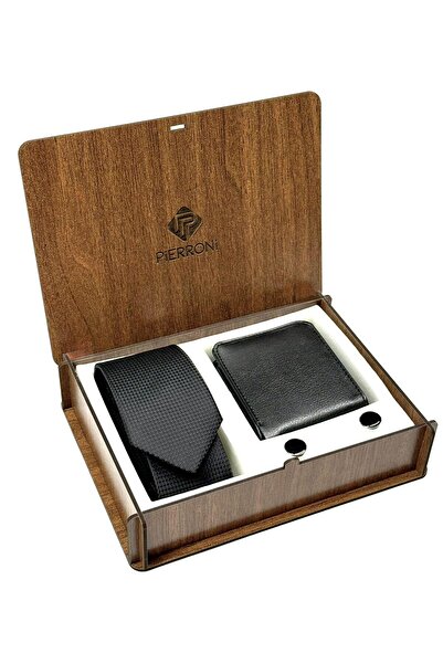 PİERRONİ Black Patterned Tie Cufflink Wallet Set with Special Wooden Box