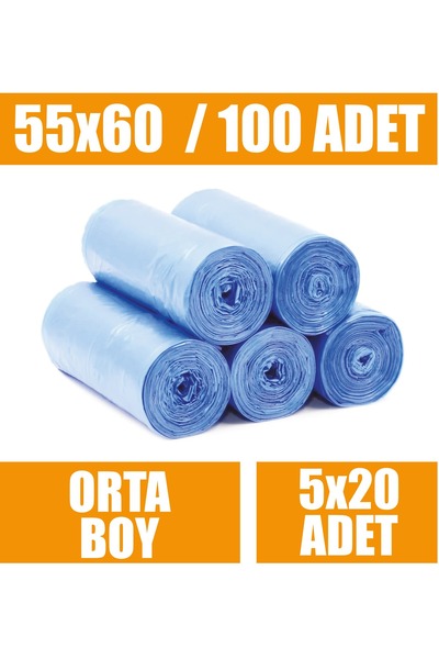 egeayazambalaj 20 Li X 5 Rulo Çöp Torbası Orta Boy Mavi 55x60 Çöp Poşeti
