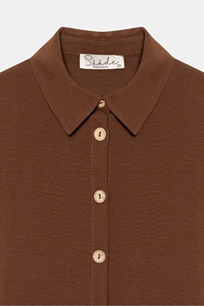 Saade Καφέ γυναικείο πουκάμισο με γιακά με ξύλινα κουμπιά κολάζ ελαστικό υφαντό τουνίκ αερομπίν - κανονική εφαρμογή