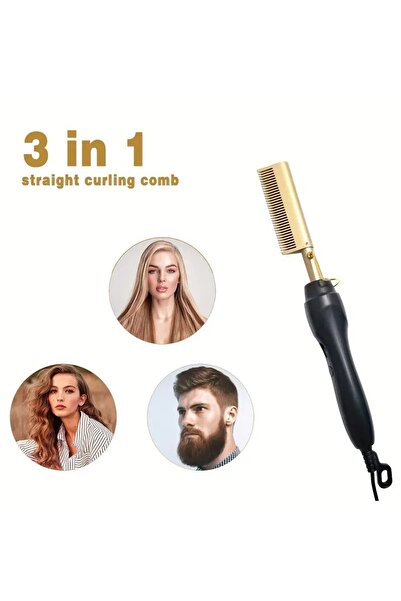 Generic 3 In 1 Electric Copper Straight Hair Comb Multi-function Curling Iron Household Electric Comb