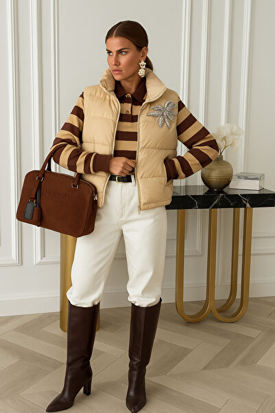 GZ Design Kristal Taş Işlemeli Krem Rengi Şişme Yelek