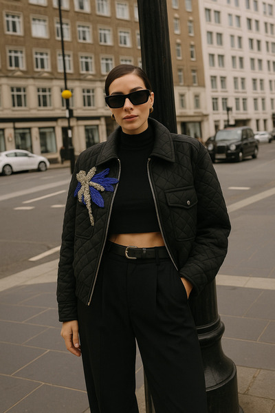 GZ Design سترة بومبر سوداء بتفاصيل شجرة النخيل