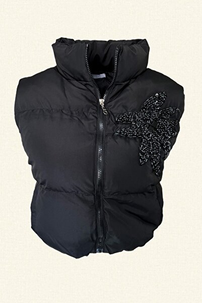 GZ Design Bead Embroidered Black Bomber Puffer Vest