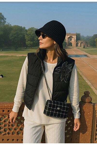 GZ Design Bead Embroidered Black Bomber Puffer Vest