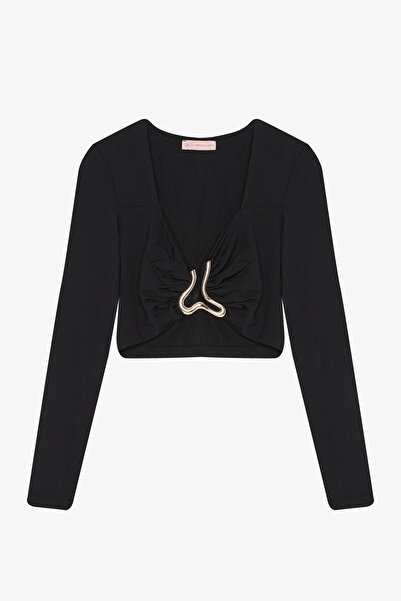 Quzu Drapeli Tokalı Crop Bluz Siyah