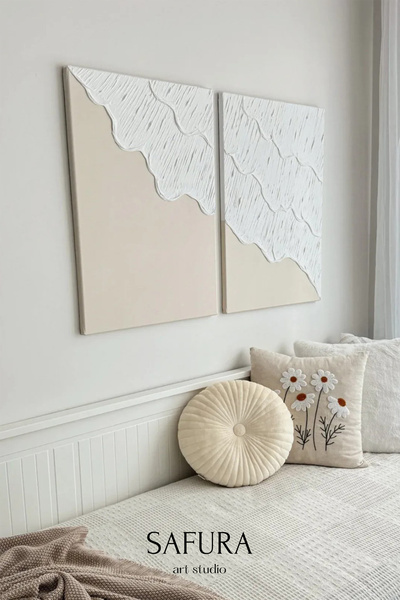 Safura Art Studio Dokulu Tablo – El Yapımı 3 Boyutlu Alçı Minimalist Doku, Modern İskandinav Kabartmalı (Dalga No:1)