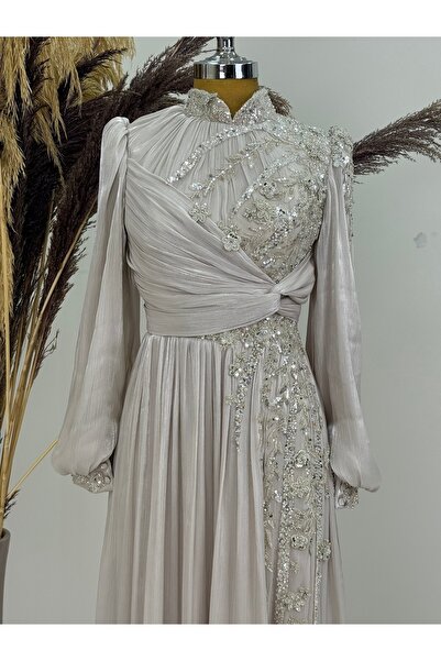 PİENNAR Önü Drapeli Boncuk İşleme Detaylı Rengin Abiye