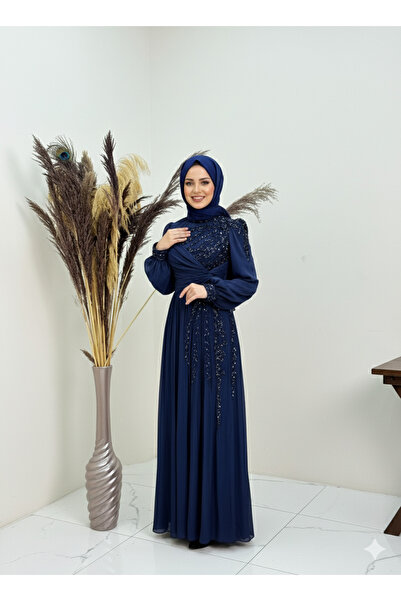 PİENNAR Önü Drapeli Boncuk İşleme Detaylı Rengin Abiye