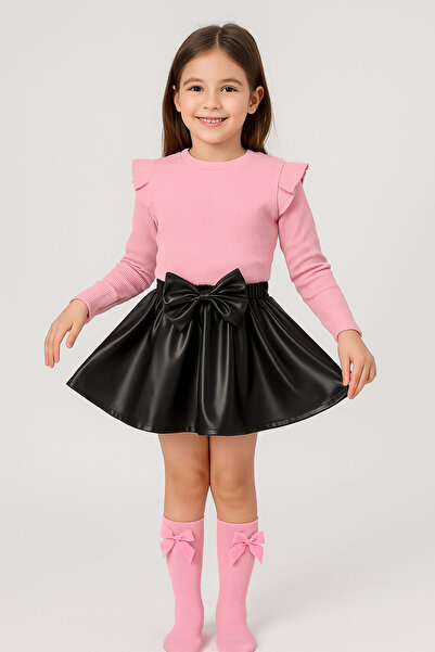 özge başaran Set fuste din piele roz și șosete cu umeri cu volane pentru 6-9 ...