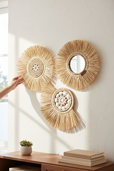 PearlHome Doğal Rafya Duvar Süsü Deniz Kabuklu Tazı boncuklu Duvar Süsü Duvar Aynası Bohem Dekor