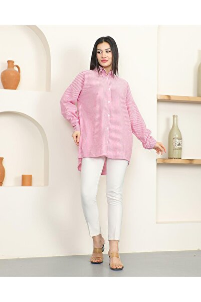 ABS FASHİON Kadın Fuşya Çizgili Oversize Tunik Gömlek
