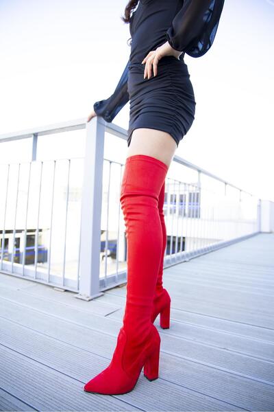 FSKOMBİN Mendoza Women's Red Suede Above Knee Thick Heeled Stretch Boots