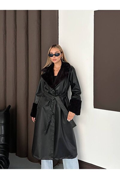 VESS MODA Furry Long Leather Women's Trench Coat