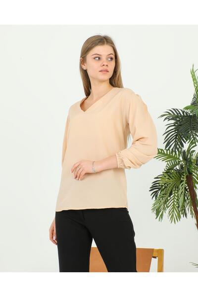 ABS FASHİON Beige Colored Long Sleeve Women's Blouse - Elastic Sleeves
