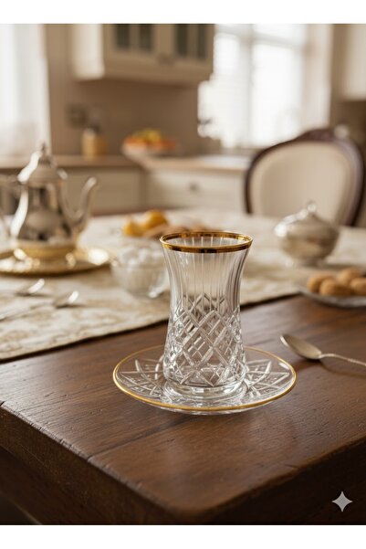 DECOSTYLE Heybeli aşabahçe Dekorlu  altın yaldızlı  Super Desenli cam Tabaklı 12 Parça  Çay seti