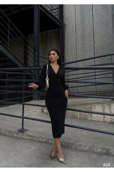 JANES Нова колекция Дамска рокля с дълъг ръкав, кръстосана деколте, набрани и балонни ръкави, от креп