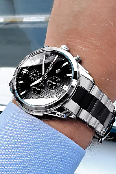 Tom Jones سوار ساعة يد رجالية من الفولاذ الأسود هدية Agr514