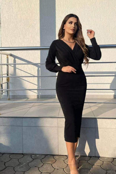 JANES Нова колекция Дамска рокля с дълъг ръкав, кръстосана деколте, набрани и балонни ръкави, от креп