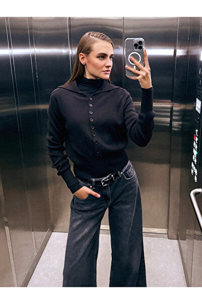 Dilvin 10816 Wool Blend Buttoned Knit Sweater-Dark Brown