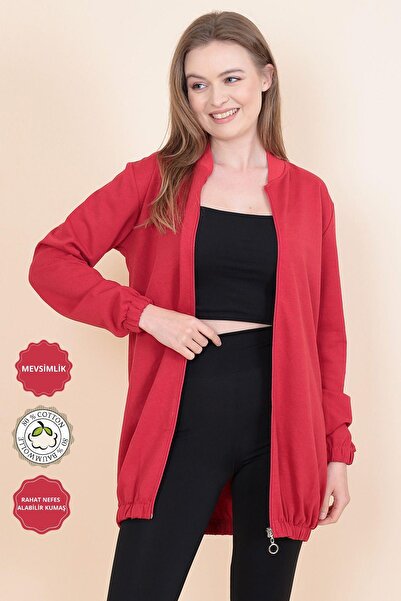 ABS FASHİON Kadın Kırmızı Iki Ip Fermuarlı Hırka Tunik
