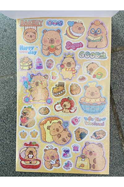 synshop Capybara Kapibara 100 Adet Işıltılı Hologram Sticker Çıkarma Etiket Kitabı 4 Yaprak