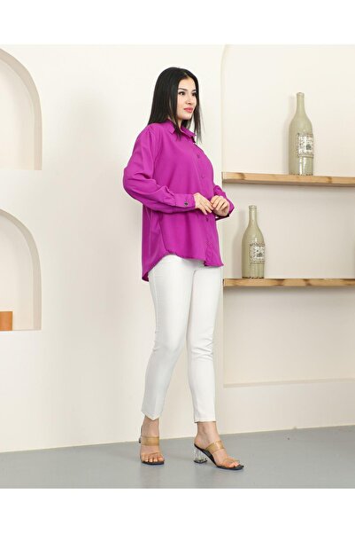 ABS FASHİON Kadın Basic Kol Düğme Detaylı Mor Gömlek