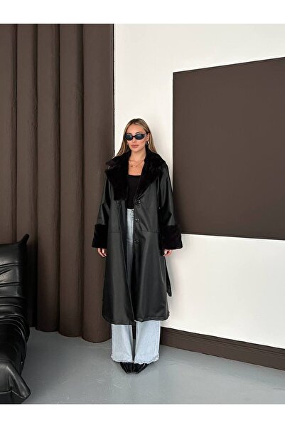 VESS MODA Furry Long Leather Women's Trench Coat