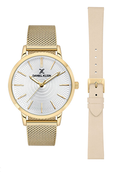 Daniel Klein Yedek Krem Deri Kayışlı, Altın Sarısı Hasır Çelik Bilezik Kadın Kol Saati, Taşlı Bileklik Hediyeli