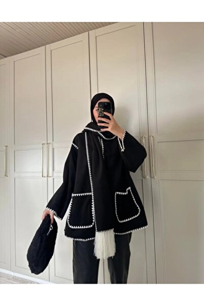 ALFUDO Moda Collection Nakış Detaylı Atkılı Yumuşak Kaşe Kaban - Ceket