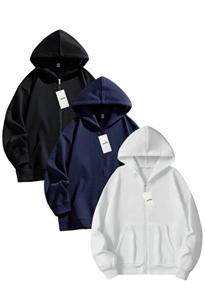 pandy 3'lü Cep Fermuları 2 İplik Şardonlu Oversize Unisex Fermuarlı Sweatshir...