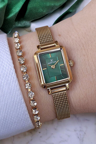 Daniel Klein ساعة يد صغيرة بمينا أخضر مربعة مقاس 23 ملم - هدية سوار مرصع بالأحجار، سوار من الفولاذ الأصفر الذهبي