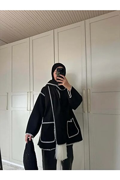 ALFUDO Moda Collection Nakış Detaylı Atkılı Yumuşak Kaşe Kaban - Ceket