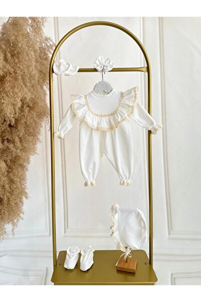 Hobidik Scalloped Combed Cotton Cream Jumpsuit for Newborn Baby - Hospital Exit