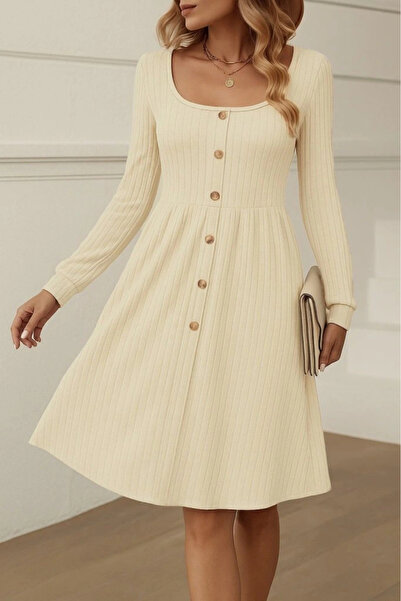 ARONA Women's long sleeve square neck button down short ruffle two-tier mini dress