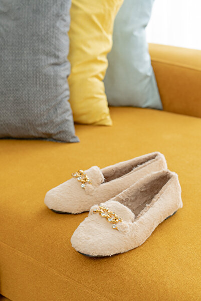 Slipcat Yumuşak Peluş Kadın Taşlı Ev Babeti Hafif Taban Panduf Ev Pandufu