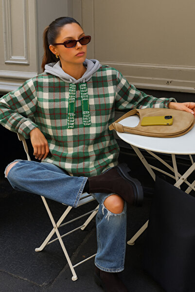 GZ Design Embroidered Detailed Green Plaid Hooded Sweatshirt